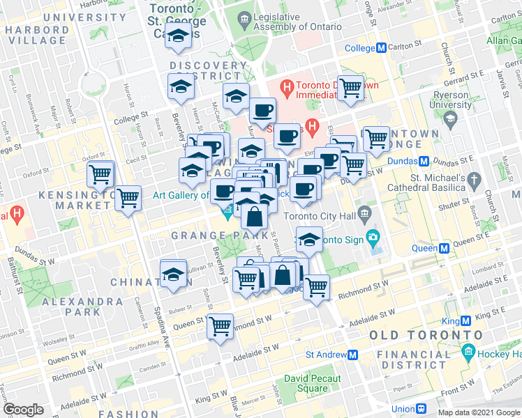 map of restaurants, bars, coffee shops, grocery stores, and more near 152 Saint Patrick Street in Toronto