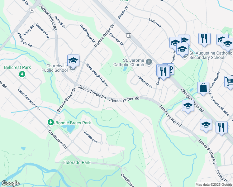 map of restaurants, bars, coffee shops, grocery stores, and more near 107 Kimborough Hollow in Brampton