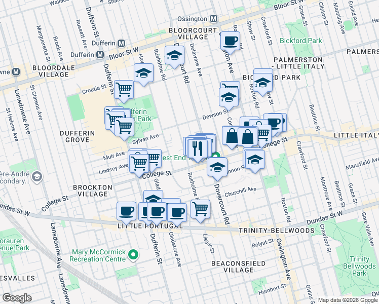 map of restaurants, bars, coffee shops, grocery stores, and more near 125 Rusholme Road in Toronto