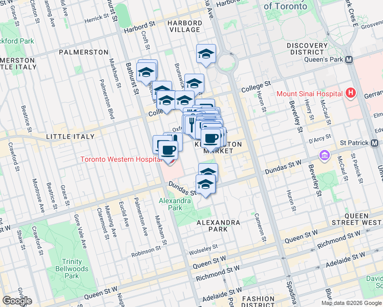 map of restaurants, bars, coffee shops, grocery stores, and more near 44 Bellevue Avenue in Toronto
