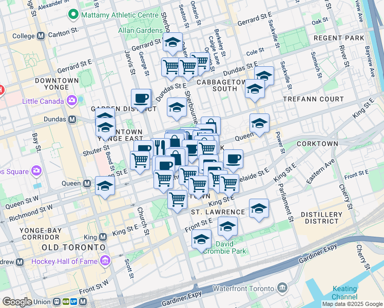 map of restaurants, bars, coffee shops, grocery stores, and more near 213 Queen Street East in Toronto