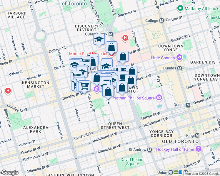 map of restaurants, bars, coffee shops, grocery stores, and more near 250 Dundas Street West in Toronto