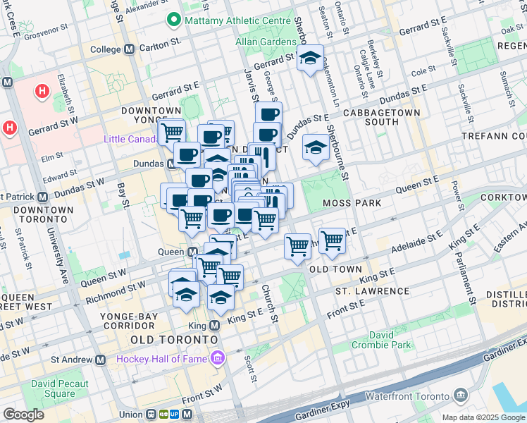 map of restaurants, bars, coffee shops, grocery stores, and more near in Toronto