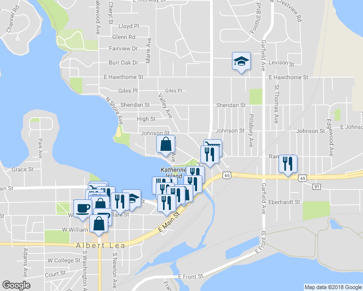 map of restaurants, bars, coffee shops, grocery stores, and more near 613 Ruble Avenue in Albert Lea
