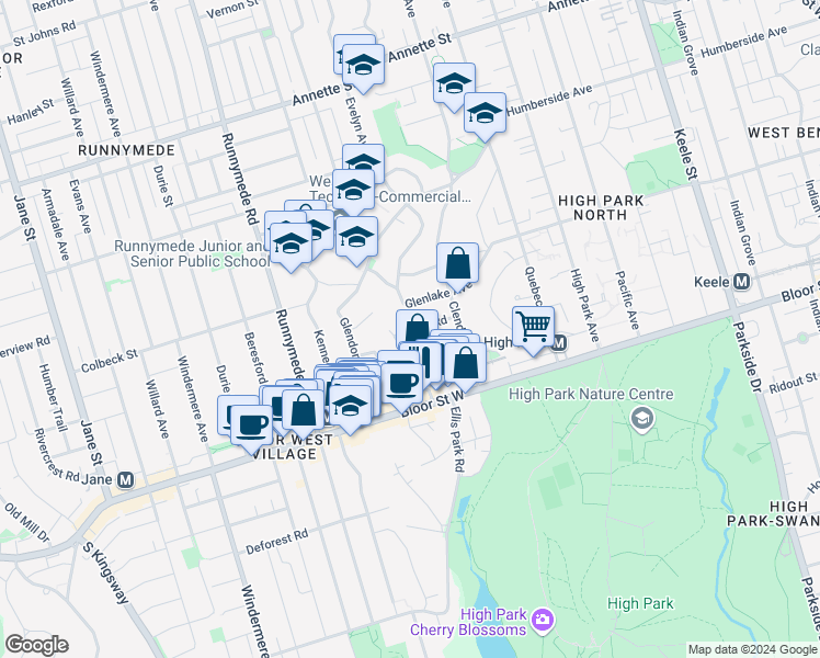 map of restaurants, bars, coffee shops, grocery stores, and more near 32 Elora Road in Toronto