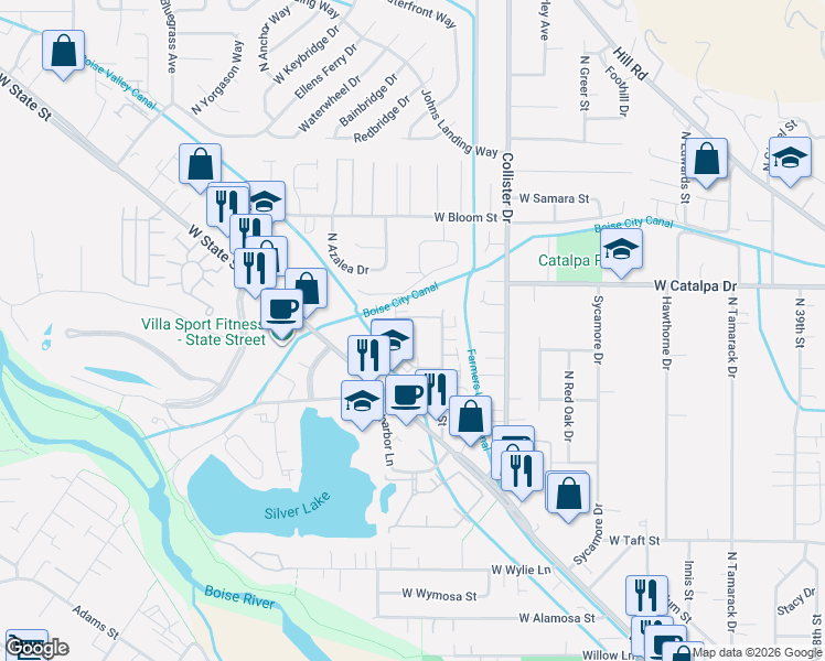 map of restaurants, bars, coffee shops, grocery stores, and more near 3817 North North Street in Boise