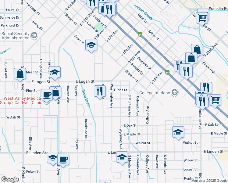 map of restaurants, bars, coffee shops, grocery stores, and more near 1107 East Pine Street in Caldwell