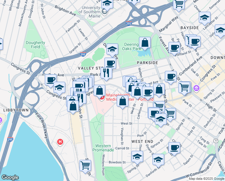 map of restaurants, bars, coffee shops, grocery stores, and more near 15 Crescent Street in Portland