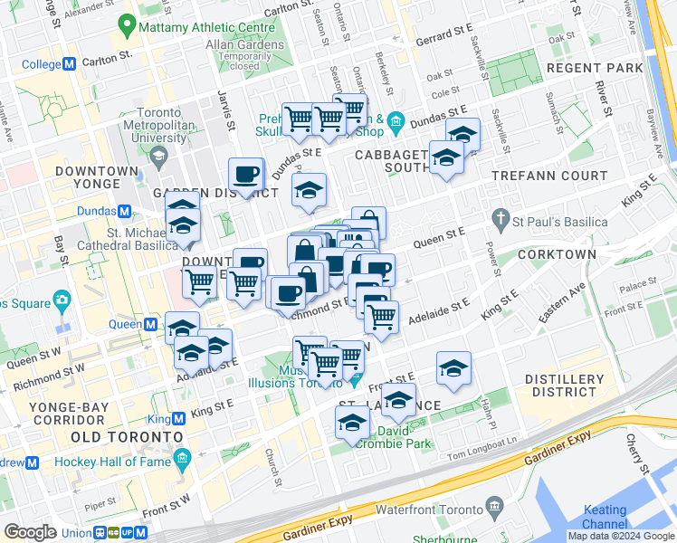 map of restaurants, bars, coffee shops, grocery stores, and more near in Toronto