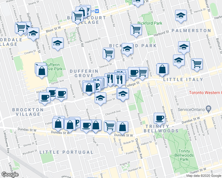 map of restaurants, bars, coffee shops, grocery stores, and more near 11 A Delaware Avenue in Toronto