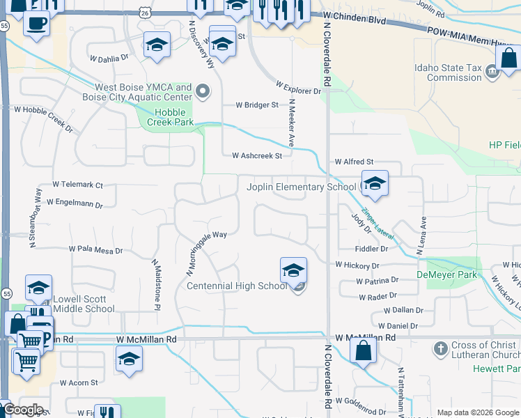 map of restaurants, bars, coffee shops, grocery stores, and more near 12519 West Engelmann Drive in Boise