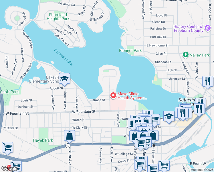 map of restaurants, bars, coffee shops, grocery stores, and more near 523 Park Avenue in Albert Lea