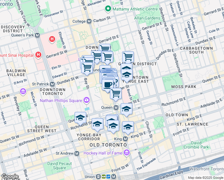 map of restaurants, bars, coffee shops, grocery stores, and more near 5 Shuter Street in Toronto