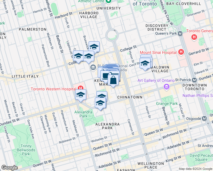 map of restaurants, bars, coffee shops, grocery stores, and more near 215 Augusta Avenue in Toronto