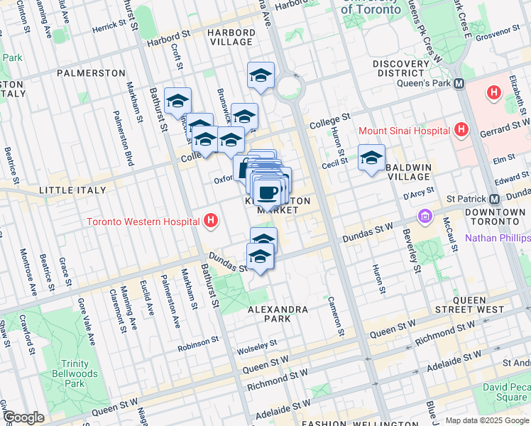 map of restaurants, bars, coffee shops, grocery stores, and more near 241 Augusta Avenue in Toronto