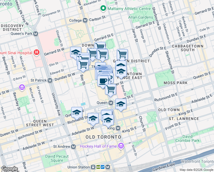 map of restaurants, bars, coffee shops, grocery stores, and more near 225 Yonge Street in Toronto