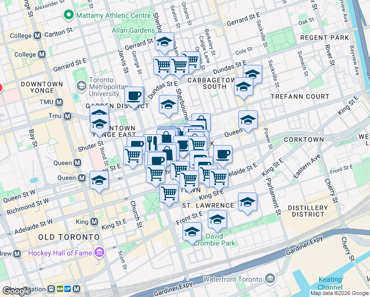 map of restaurants, bars, coffee shops, grocery stores, and more near 215 Queen Street West in Toronto