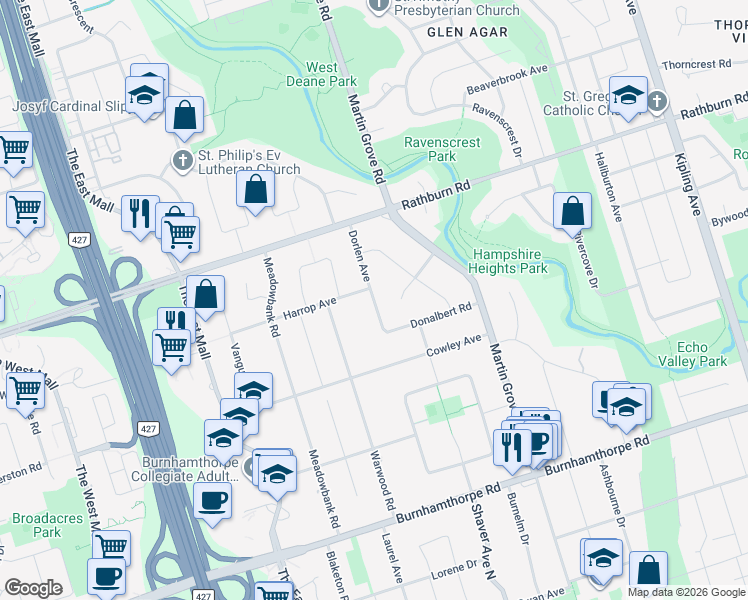 map of restaurants, bars, coffee shops, grocery stores, and more near 16 Dorlen Avenue in Toronto