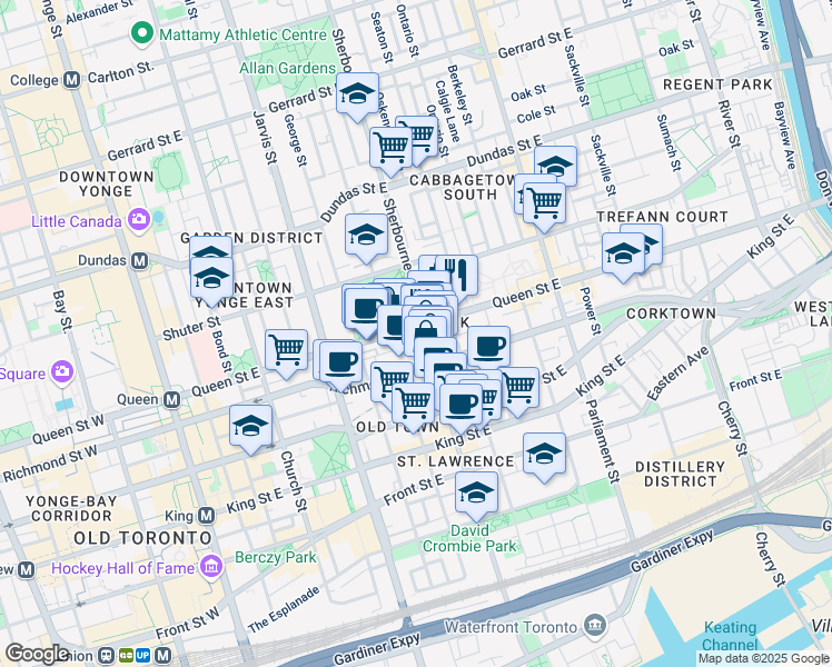 map of restaurants, bars, coffee shops, grocery stores, and more near 135 Sherbourne Street in Toronto
