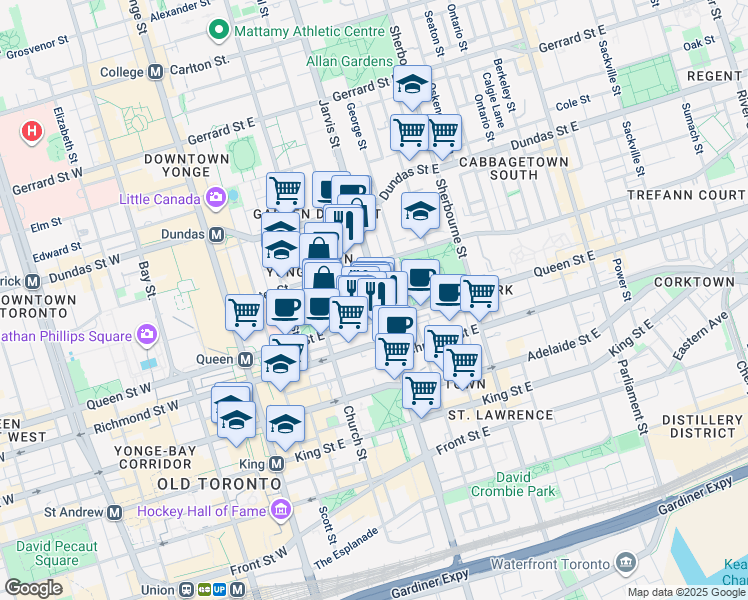 map of restaurants, bars, coffee shops, grocery stores, and more near in Toronto