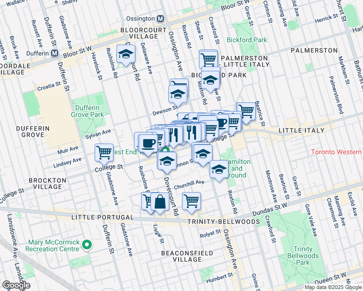 map of restaurants, bars, coffee shops, grocery stores, and more near 11 A Delaware Avenue in Toronto