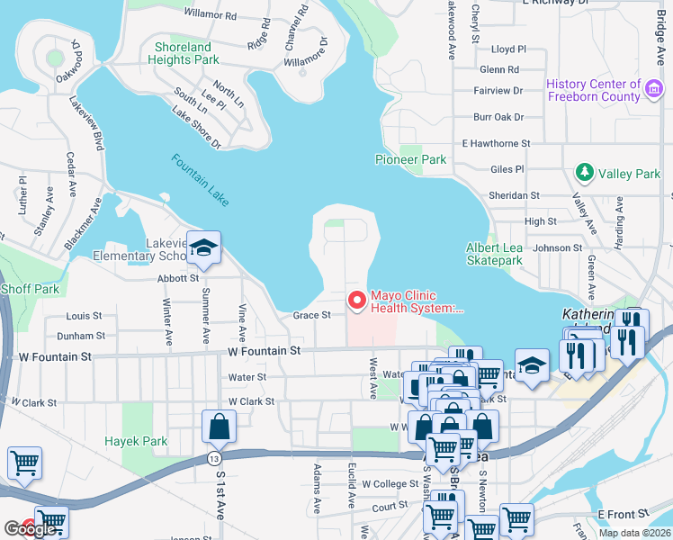 map of restaurants, bars, coffee shops, grocery stores, and more near 523 Park Avenue in Albert Lea