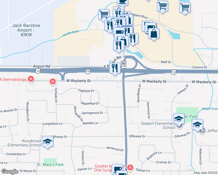 map of restaurants, bars, coffee shops, grocery stores, and more near 1799 West Wackerly Street in Midland