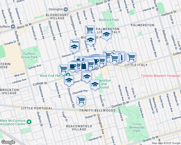 map of restaurants, bars, coffee shops, grocery stores, and more near 815 College Street in Toronto