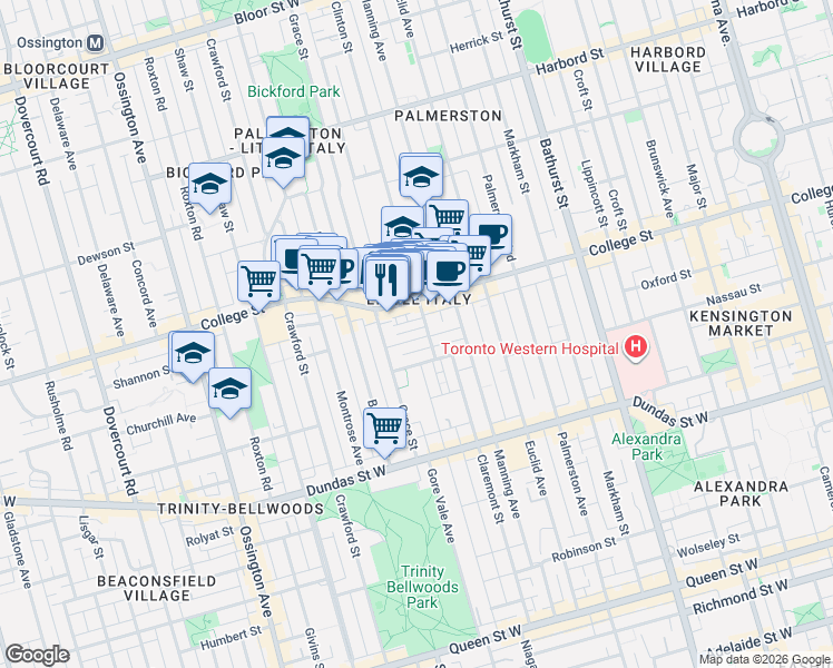 map of restaurants, bars, coffee shops, grocery stores, and more near 612 College Street in Toronto