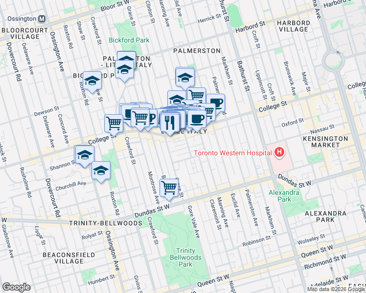 map of restaurants, bars, coffee shops, grocery stores, and more near 26 Henderson Avenue in Toronto