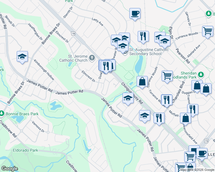 map of restaurants, bars, coffee shops, grocery stores, and more near 69 Aspen Hills Road in Brampton