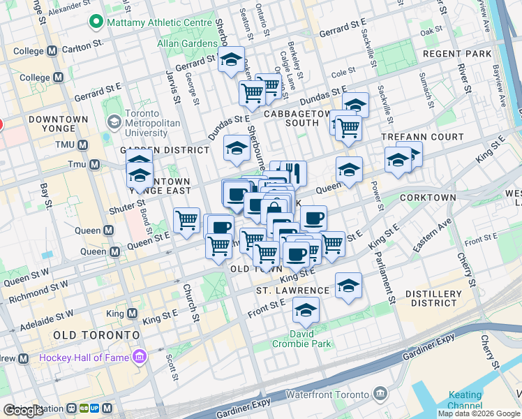 map of restaurants, bars, coffee shops, grocery stores, and more near 215 Queen Street East in Toronto