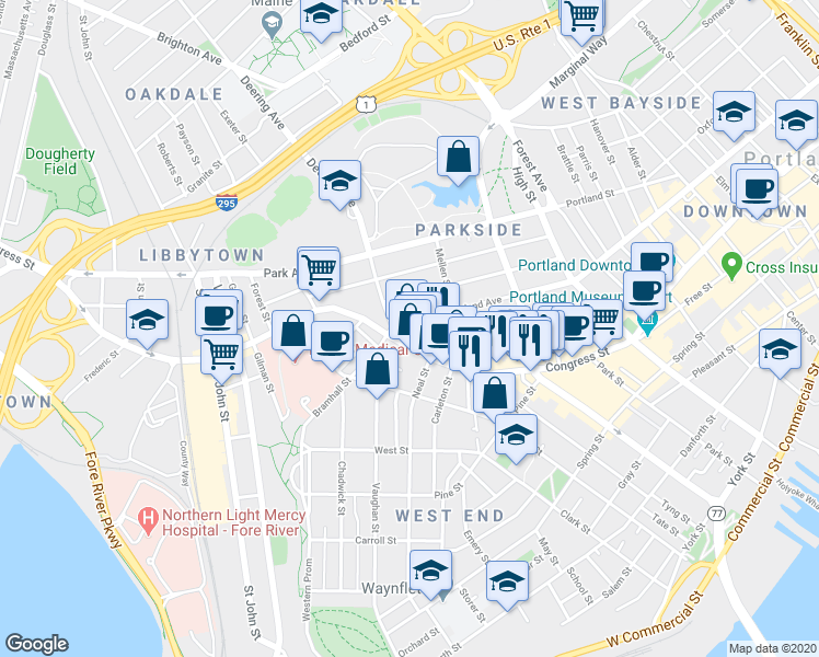 map of restaurants, bars, coffee shops, grocery stores, and more near 556 Cumberland Avenue in Portland