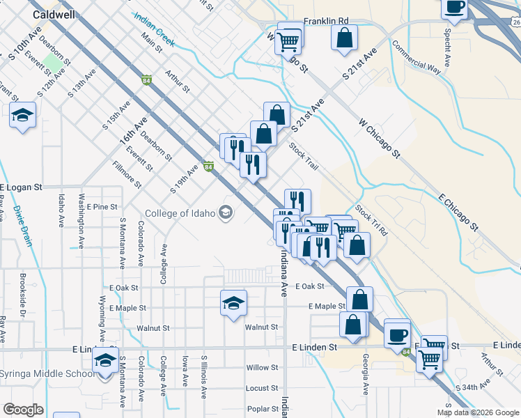 map of restaurants, bars, coffee shops, grocery stores, and more near 315 South 22nd Avenue in Caldwell