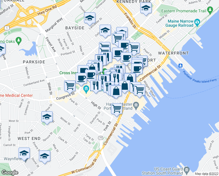 map of restaurants, bars, coffee shops, grocery stores, and more near 14 South Street in Portland