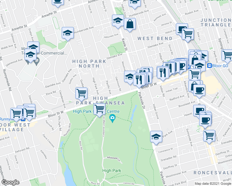 map of restaurants, bars, coffee shops, grocery stores, and more near 1830 Bloor Street West in Toronto