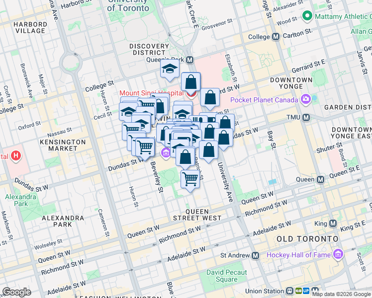 map of restaurants, bars, coffee shops, grocery stores, and more near 281 Dundas Street West in Toronto