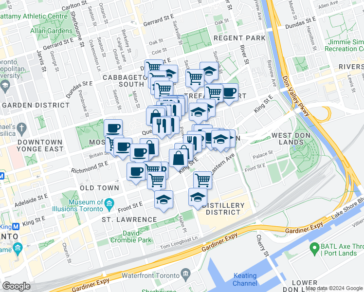 map of restaurants, bars, coffee shops, grocery stores, and more near 548 Richmond Street East in Toronto
