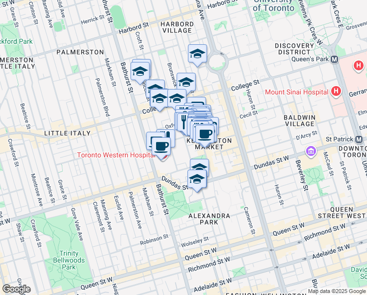 map of restaurants, bars, coffee shops, grocery stores, and more near 60 Bellevue Avenue in Toronto