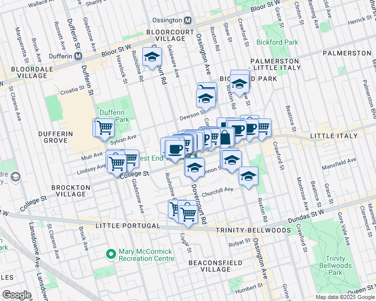 map of restaurants, bars, coffee shops, grocery stores, and more near in Toronto
