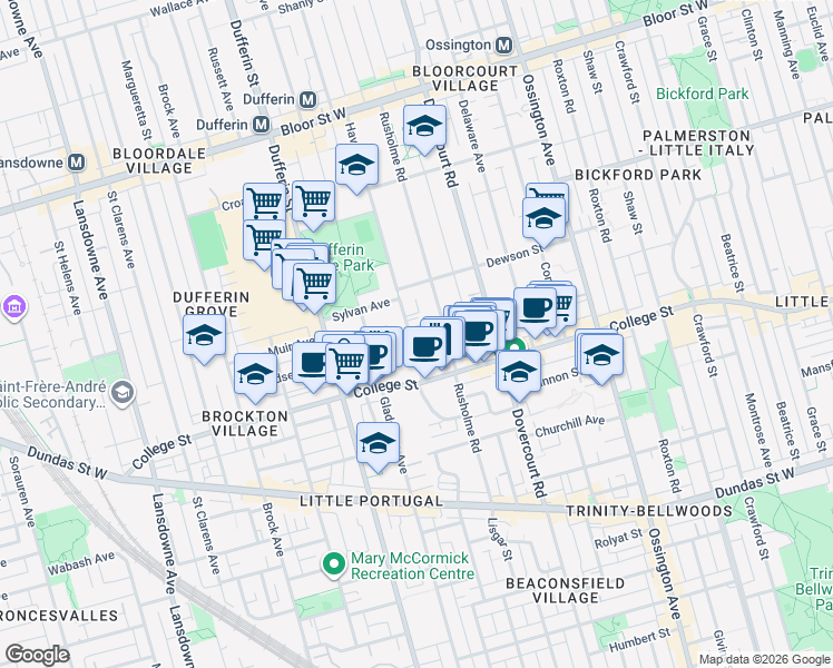 map of restaurants, bars, coffee shops, grocery stores, and more near in Toronto