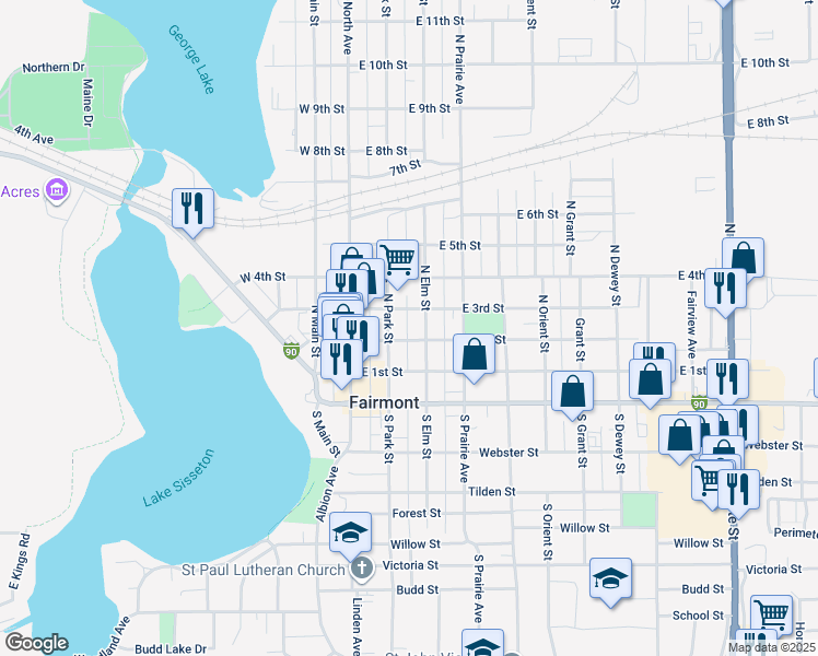 map of restaurants, bars, coffee shops, grocery stores, and more near 211 North Elm Street in Fairmont