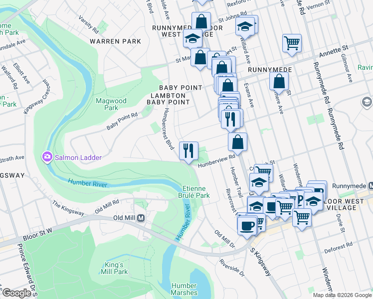 map of restaurants, bars, coffee shops, grocery stores, and more near 81 Humberview Park Road in Toronto