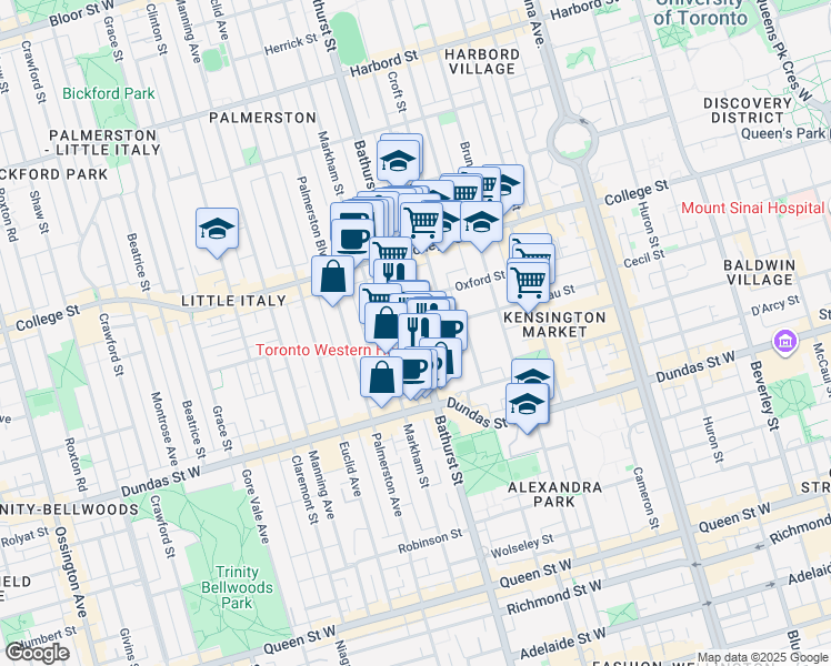 map of restaurants, bars, coffee shops, grocery stores, and more near 415 Bathurst Street in Toronto