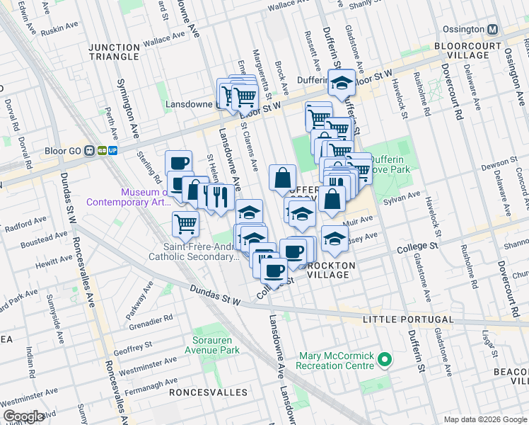 map of restaurants, bars, coffee shops, grocery stores, and more near 280 Saint Clarens Avenue in Toronto