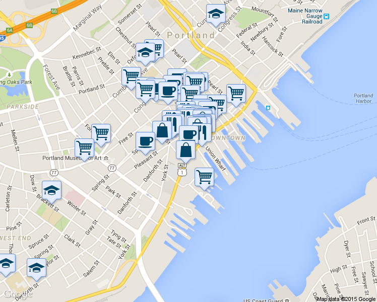 map of restaurants, bars, coffee shops, grocery stores, and more near 271 Commercial Street in Portland