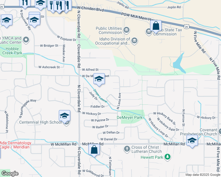 map of restaurants, bars, coffee shops, grocery stores, and more near 11838 West Jenilyn Court in Boise