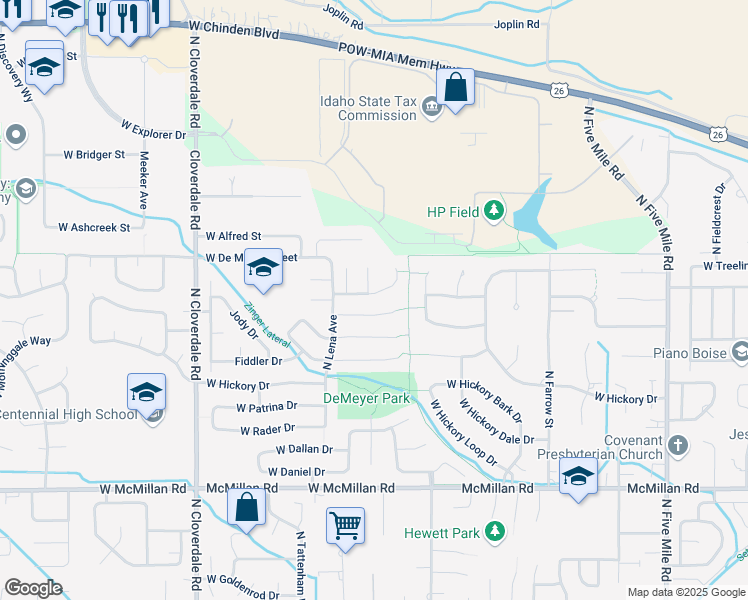 map of restaurants, bars, coffee shops, grocery stores, and more near 11575 West Jenilyn Court in Boise