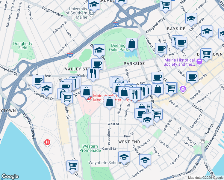 map of restaurants, bars, coffee shops, grocery stores, and more near 819 Congress Street in Portland