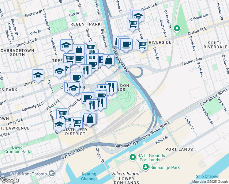 map of restaurants, bars, coffee shops, grocery stores, and more near 120 Bayview Avenue in Toronto